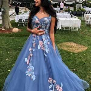 Stunning blue dress with pink and blue flower laces!!